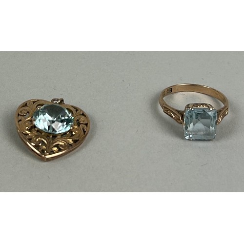 20 - A CHINESE GOLD RING WITH BLUE STONE ALONG WITH A MATCHING HEART PENDANT Weight: 6.5gms