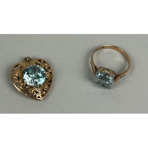 20 - A CHINESE GOLD RING WITH BLUE STONE ALONG WITH A MATCHING HEART PENDANT Weight: 6.5gms