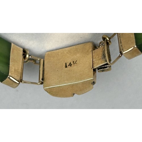 25 - A CHINESE 14CT GOLD AND JADE BRACELET Weight: 12.6gms