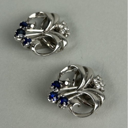 26 - A PAIR OF 18CT WHITE GOLD EARRINGS SET WITH SMALL DIAMONDS AND SAPPHIRES Weight: 10.9gms