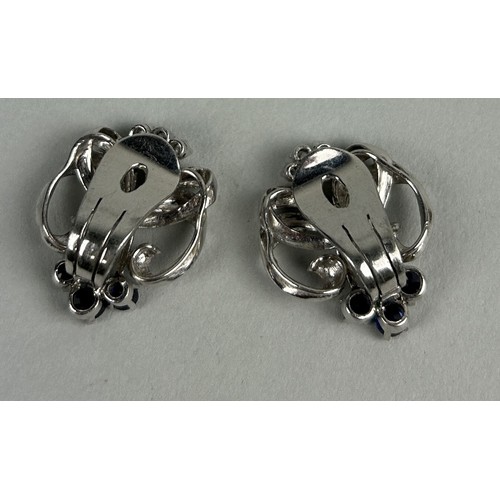 26 - A PAIR OF 18CT WHITE GOLD EARRINGS SET WITH SMALL DIAMONDS AND SAPPHIRES Weight: 10.9gms