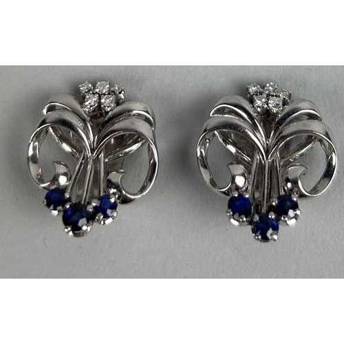 26 - A PAIR OF 18CT WHITE GOLD EARRINGS SET WITH SMALL DIAMONDS AND SAPPHIRES Weight: 10.9gms