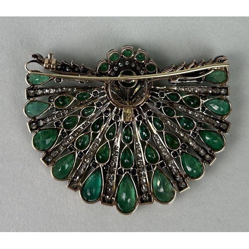 41 - AN ART DECO LADIES GOLD EMERALD AND DIAMOND FLORAL BROOCH 5.5cm x 4.5cm Weight: 21.04gms Provenance:... 