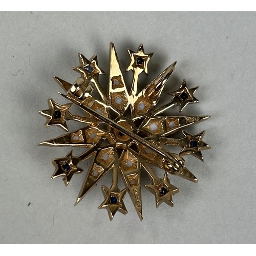 57 - A 9CT GOLD ANTIQUE STYLE STARBURST BROOCH SET WITH SPLIT PEARLS AND SAPPHIRES Weight: 7gms