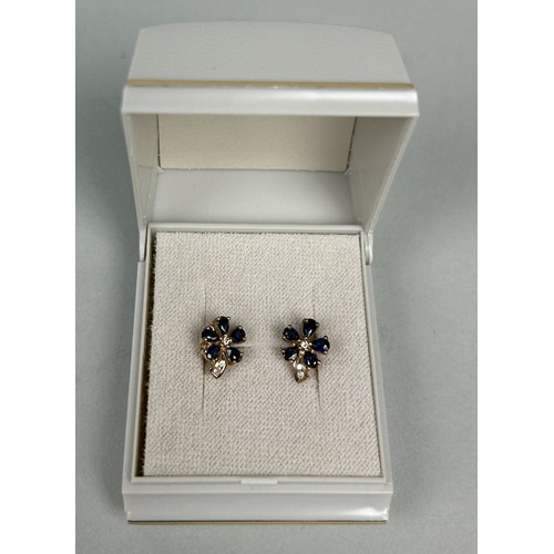 58 - A PAIR OF 9CT GOLD EARRINGS SET WITH SAPPHIRES AND DIAMONDS ALONG WITH A MATCHING NECKLACE (3) Earri... 