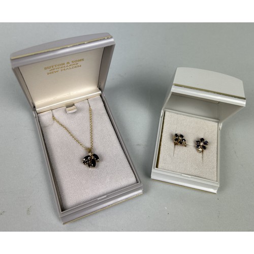 58 - A PAIR OF 9CT GOLD EARRINGS SET WITH SAPPHIRES AND DIAMONDS ALONG WITH A MATCHING NECKLACE (3) Earri... 