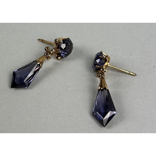 83 - A PAIR OF GOLD AND AMETHYST DROP EARRINGS (2) Weight: 3.4gms