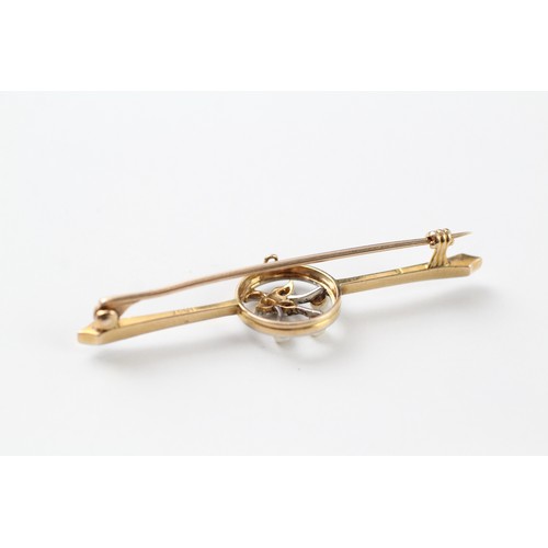 98 - A 15CT GOLD AND PLATINUM ANTIQUE PEARL AND DIAMOND BAR BROOCH Weight: 3.2gms