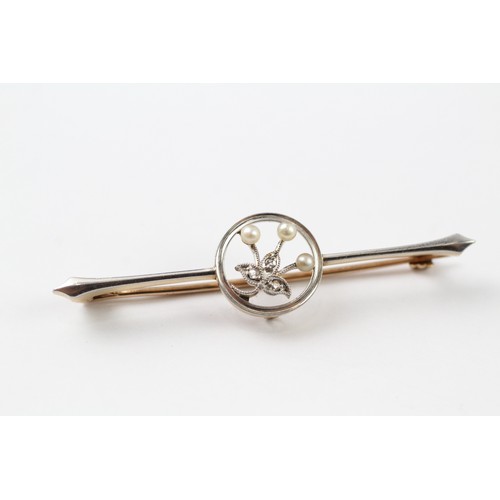 98 - A 15CT GOLD AND PLATINUM ANTIQUE PEARL AND DIAMOND BAR BROOCH Weight: 3.2gms