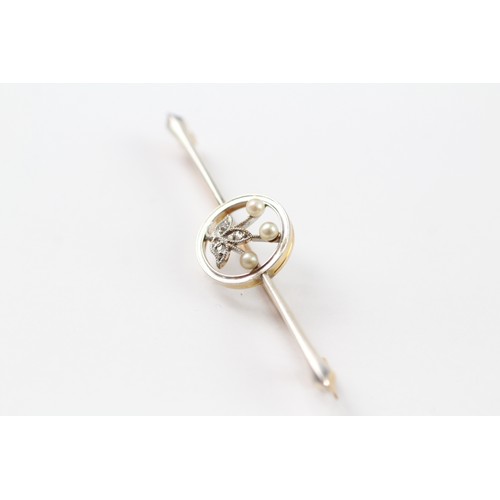 98 - A 15CT GOLD AND PLATINUM ANTIQUE PEARL AND DIAMOND BAR BROOCH Weight: 3.2gms