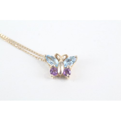 123 - A 9CT GOLD TOPAZ AND AMETHYST BUTTERFLY PENDANT NECKLACE Weight: 2.8gms