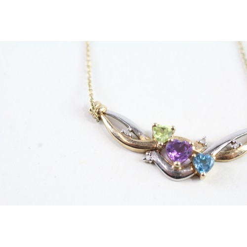 129 - A 9CT GOLD HEART SHAPE PERIDOT, TOPAZ, AMETHYST AND DIAMOND NECKLACE Weight: 3.3 gms