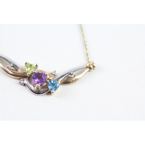 129 - A 9CT GOLD HEART SHAPE PERIDOT, TOPAZ, AMETHYST AND DIAMOND NECKLACE Weight: 3.3 gms