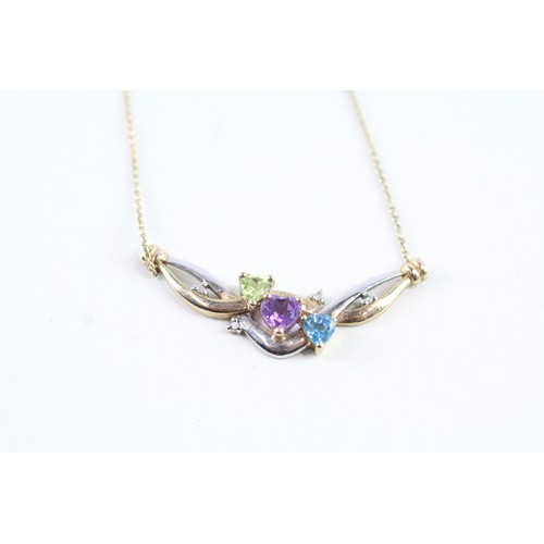 129 - A 9CT GOLD HEART SHAPE PERIDOT, TOPAZ, AMETHYST AND DIAMOND NECKLACE Weight: 3.3 gms