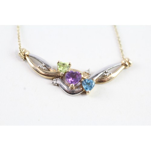 129 - A 9CT GOLD HEART SHAPE PERIDOT, TOPAZ, AMETHYST AND DIAMOND NECKLACE Weight: 3.3 gms