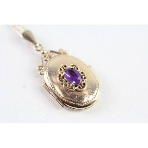 131 - A 9CT GOLD VINTAGE STYLE AMETHYST PATTERNED LOCKET NECKLACE Weight: 3 gms