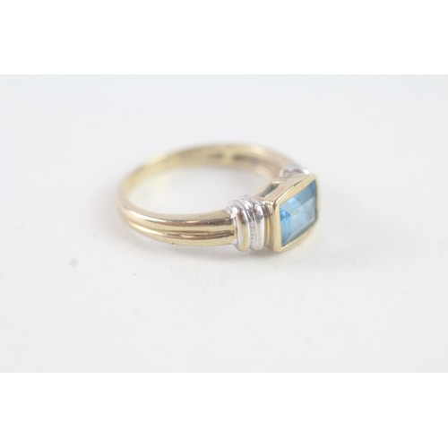 142 - A 9CT GOLD BAGUETTE CUT BLUE TOPAZ DRESS RING Weight: 2.9 gms