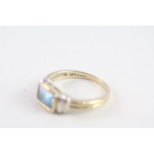 142 - A 9CT GOLD BAGUETTE CUT BLUE TOPAZ DRESS RING Weight: 2.9 gms