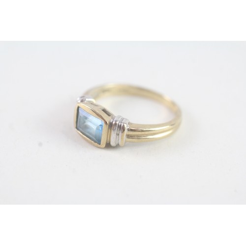 142 - A 9CT GOLD BAGUETTE CUT BLUE TOPAZ DRESS RING Weight: 2.9 gms