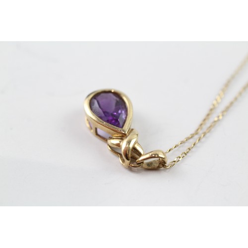 156 - A 9CT GOLD PEAR CUT AMETHYST PENDANT NECKLACE Weight: 2.1gms