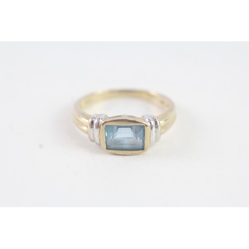 142 - A 9CT GOLD BAGUETTE CUT BLUE TOPAZ DRESS RING Weight: 2.9 gms