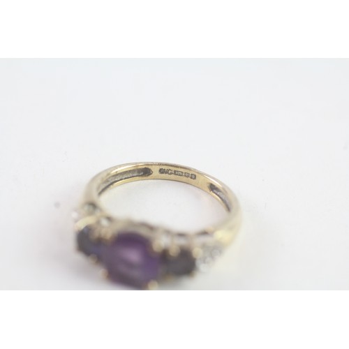 139 - A 9CT GOLD AMETHYST, SAPPHIRE AND DIAMOND DRESS RING Weight: 2.6 gms