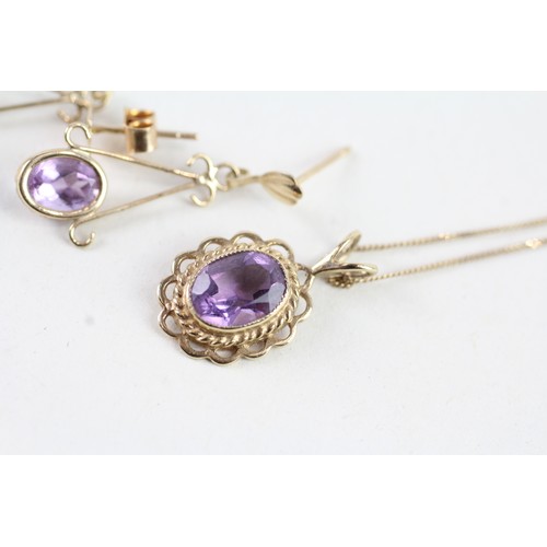 168 - A 9CT GOLD AMETHYST DROP EARRINGS AND PENDANT SET Weight: 2.3 gms