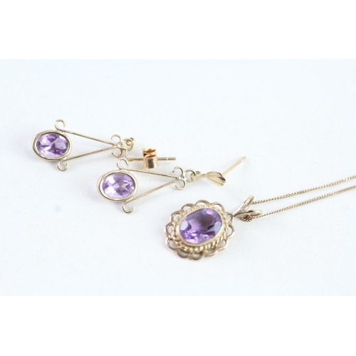 168 - A 9CT GOLD AMETHYST DROP EARRINGS AND PENDANT SET Weight: 2.3 gms