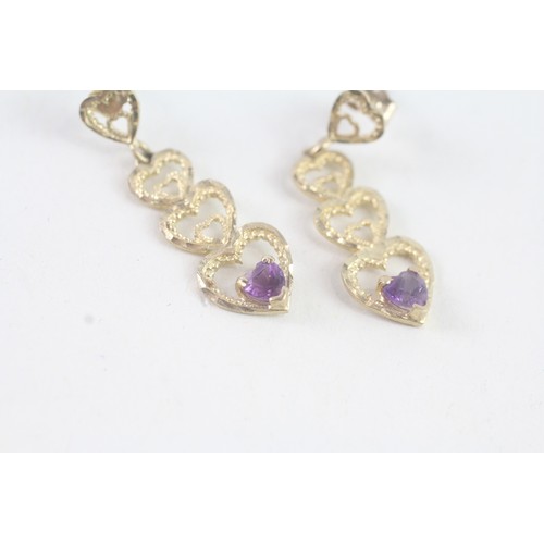 180 - A PAIR OF 9CT GOLD AMETHYST HEART SHAPED DROP EARRINGS Weight: 1.6 gms