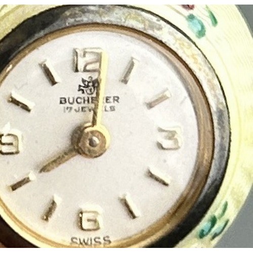 192 - A LADIES BUCHERER ENAMEL AND SILVER GILT FLORAL FOB WATCH