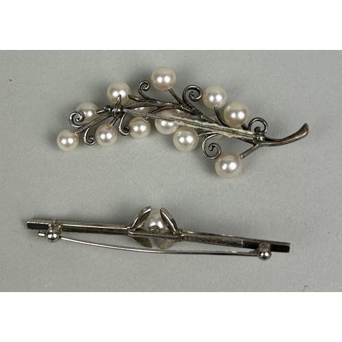 190 - MIKIMOTO SILVER PEARL BAR BROOCH AND LEAF BROOCH (2)