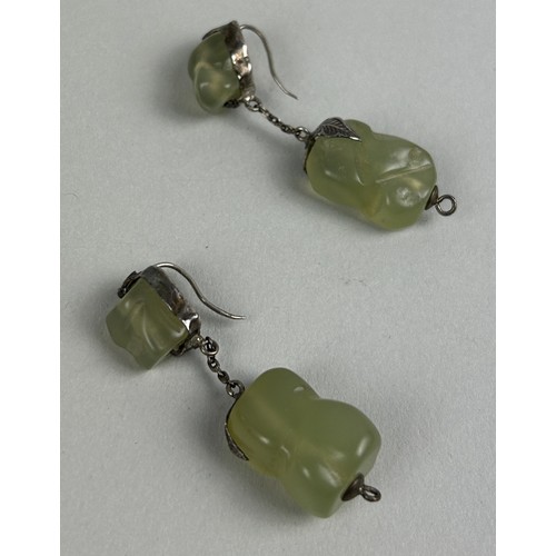 199 - A PAIR OF CHINESE GREEN JADE AND SILVER DROP EARRINGS