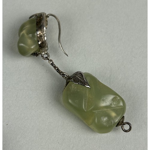 199 - A PAIR OF CHINESE GREEN JADE AND SILVER DROP EARRINGS