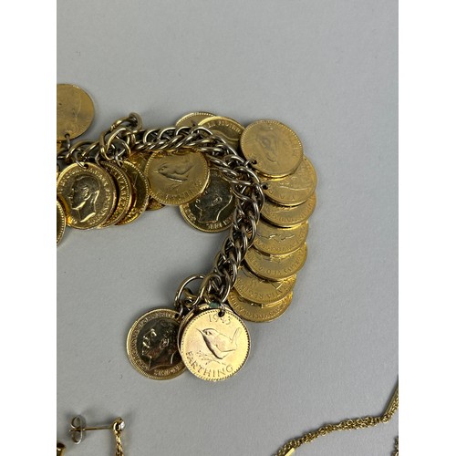 201 - A GOLD TONE METAL BRACELET WITH 1930'S FARTHINGS ALONG WITH AN ATLANTA GENEVE POCKET WATCH, 9CT GOLD... 