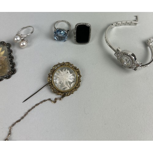 203 - THREE SILVER RINGS ALONG WITH TWO FLORAL BROOCHES, A BUTLER AND WILSON LADIES WATCH (6)