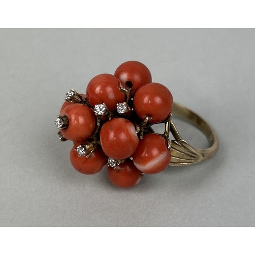 210 - A NATURAL-CORAL TREE RING SET WITH DIAMONDS Marked 14k Weight: 17.1 gms