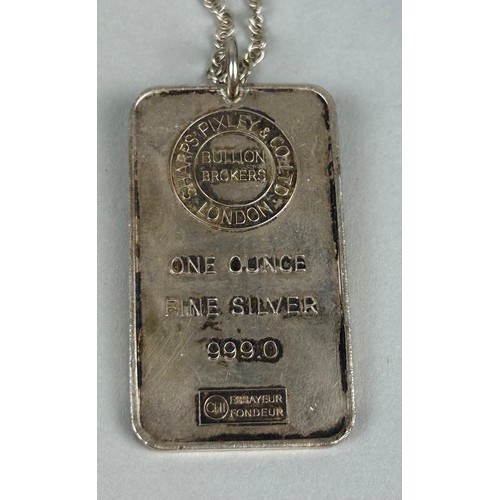 221 - A SILVER INGOT ON CHAIN Weight: 36.2gms