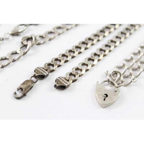 226 - FOUR STERLING SILVER BRACELETS INCLUDING CURB AND HEART PADLOCK