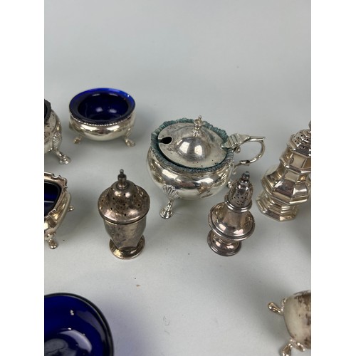 249 - A COLLECTION OF SILVER SALTS AND SHAKERS TO INCLUDE ANTIQUE AND MAPPIN AND WEBB Some with glass inse... 