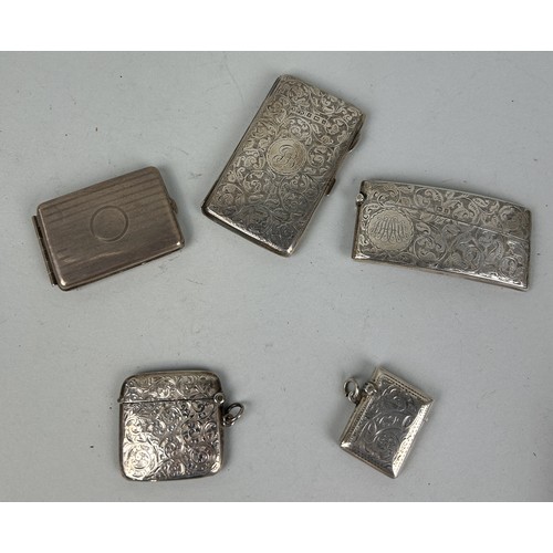 276 - FIVE SILVER VESTA CASES / CIGARETTE CASES Total weight:150gms Four with chased foliate design.