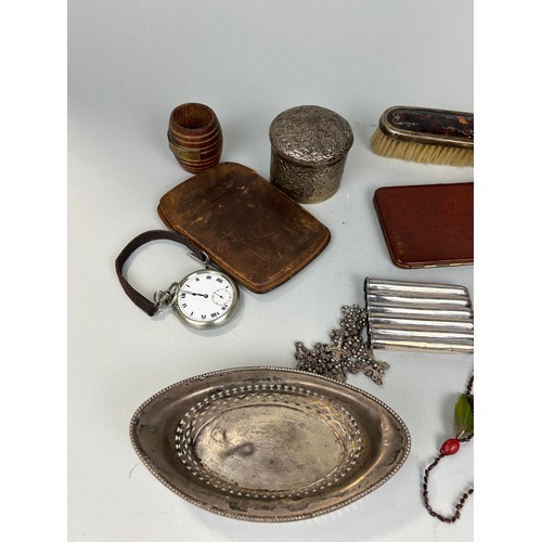 298 - A MIXED LOT TO INCLUDE VARIOUS SILVER ITEMS, ANTIQUE TORTOISESHELL VANITY SET, INDIAN REPOUSSE BOX A... 