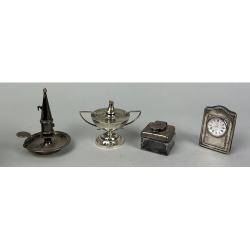 314 - A GROUP OF FOUR SILVER ITEMS (4) To include a clock, candleholder, inkwell etc.