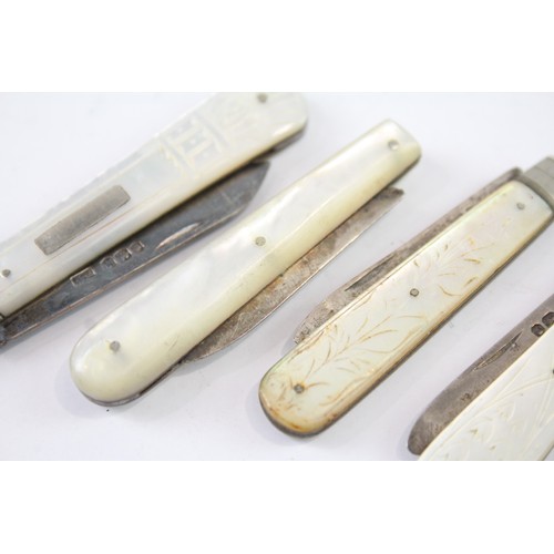 384 - FOUR .925 STERLING SILVER FRUIT KNIVES MOTHER OF PEARL HANDLE