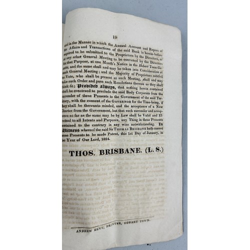 479 - THE CHARTER OF THE BANK OF VAN DIEMEN'S LAND, HOBART TOWN, PRINTED BY ANDREW BENT, 1825 Printed to e... 