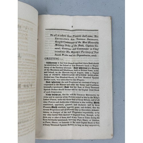 479 - THE CHARTER OF THE BANK OF VAN DIEMEN'S LAND, HOBART TOWN, PRINTED BY ANDREW BENT, 1825 Printed to e... 