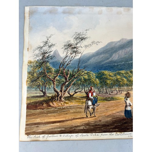 498 - S.M. DERINZY: A WATERCOLOUR PAINTING ON PAPER DEPICTING THE PEAK OF GASTOURI AND VILLAGE OF SANTA DE... 