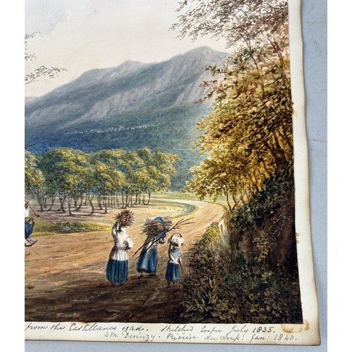 498 - S.M. DERINZY: A WATERCOLOUR PAINTING ON PAPER DEPICTING THE PEAK OF GASTOURI AND VILLAGE OF SANTA DE... 