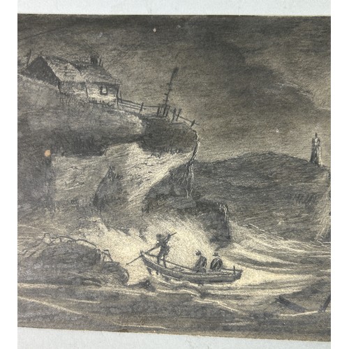 497 - A PENCIL DRAWING ON PAPER DEPICTING FIGURES IN A ROWING BOAT BY A CLIFF SHORE IN THE MOONLIGHT 19.5c... 