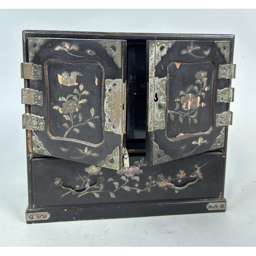 512 - A MINIATURE JAPANESE LACQUERED CABINET 21cm x 19cm x 10cm Previously wil have had mother of pearl in... 