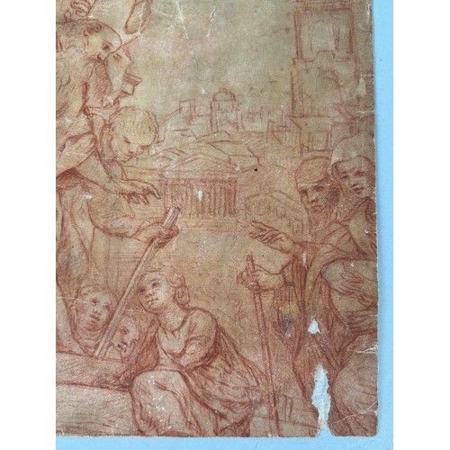 521 - 18TH CENTURY ITALIAN OLD MASTER: A RED CHALK DRAWING DEPICTING FIGURES WITH A CITY IN THE BACKGROUND... 